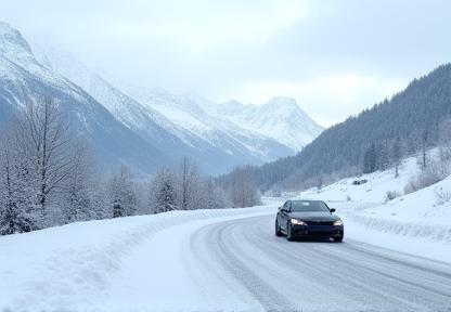 Car driving on snowy Austrian road, mountains in background